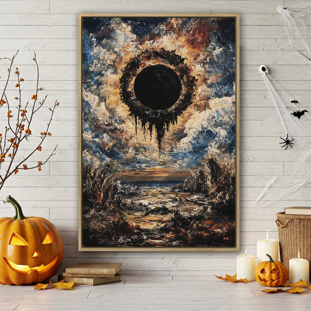 Framed Wall Art: Abstract dark art Canvas Print with a dramatic black hole and moody blue, brown, and orange color palette. Perfect for Halloween decor.