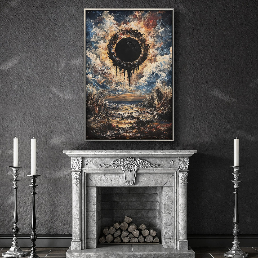 Framed Wall Art: Abstract eclipse painting with dark, moody color palette. Dramatic art for your home, a statement piece.