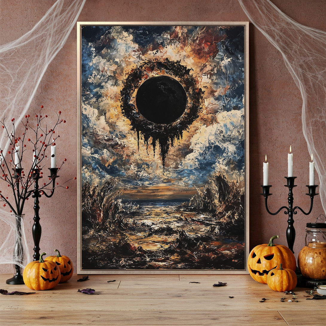 Framed Wall Art: Abstract eclipse painting in moody blue, orange, and black. Perfect Halloween decor! Add a touch of dark art to your home.