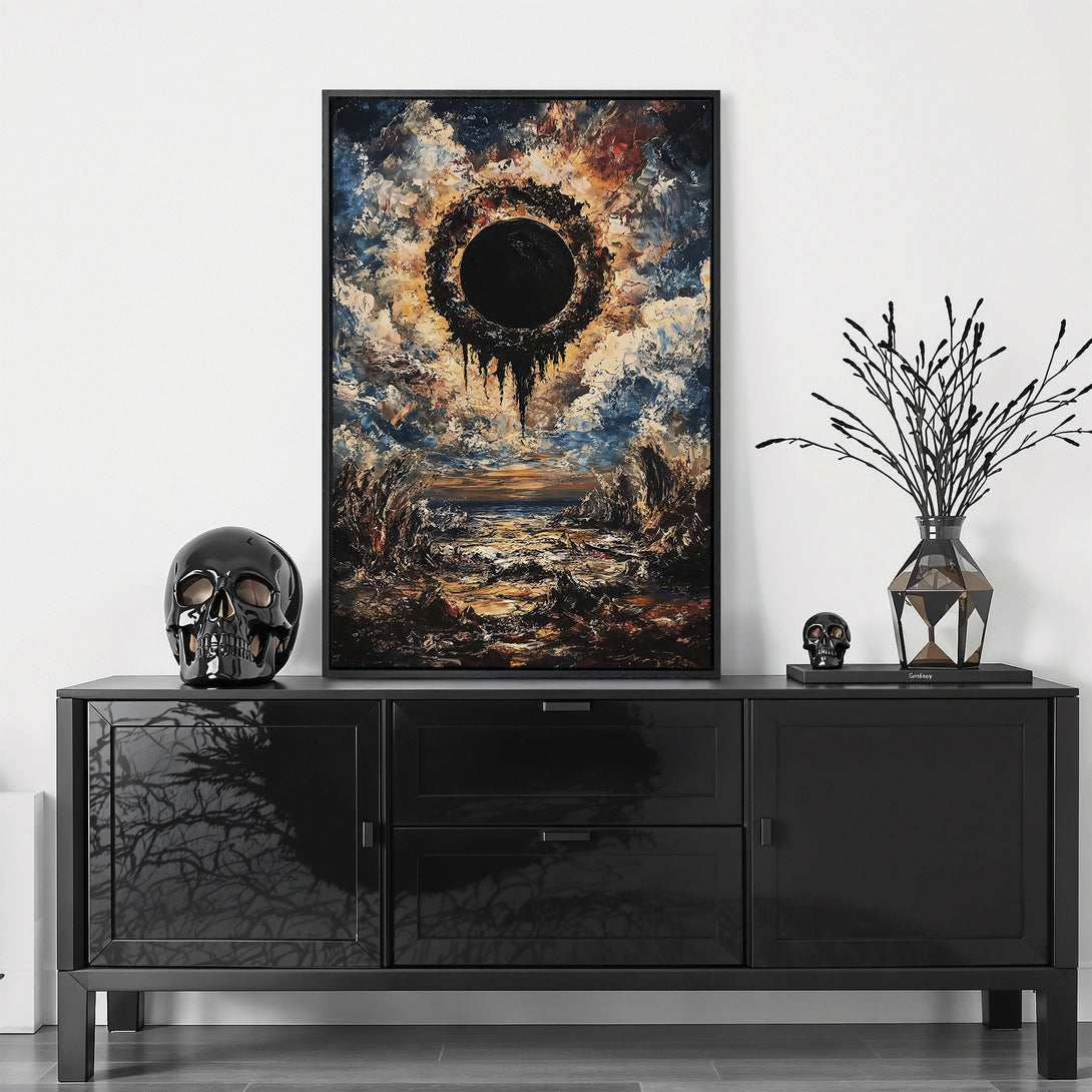 Framed Wall Art featuring an abstract, dark landscape with a dramatic black hole. Moody, expressive style with a palette of blues, oranges, and blacks. Perfect for modern decor.
