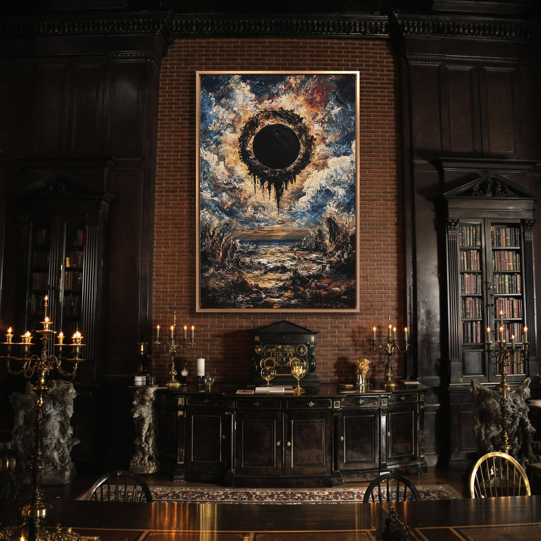 Framed Wall Art featuring an abstract landscape with a dark, dramatic color palette. Perfect for adding a touch of mystery and sophistication to any space.