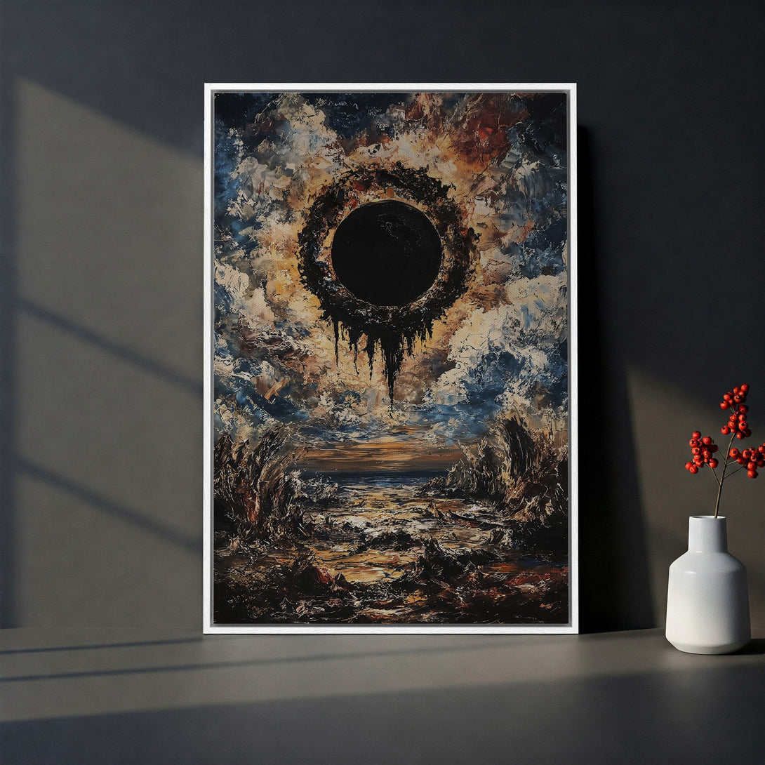 Framed Wall Art: Abstract dark art Canvas Print with a striking black circle, moody blues, and earthy tones. Elevate your space with unique artwork!