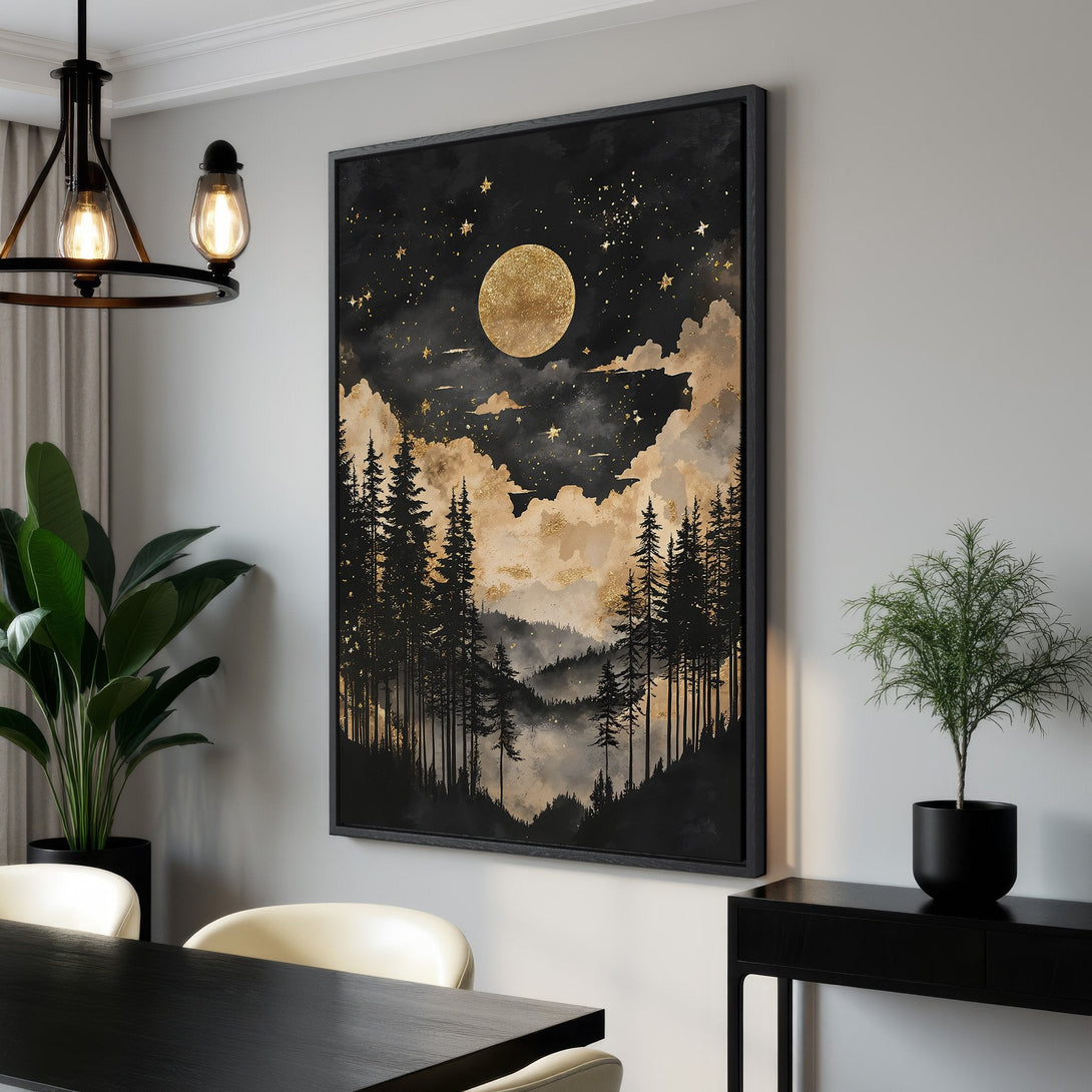 Framed Wall Art: Stunning black and gold forest scene Canvas Print. Modern, elegant wall decor with a celestial, moody color palette. Perfect for any room!