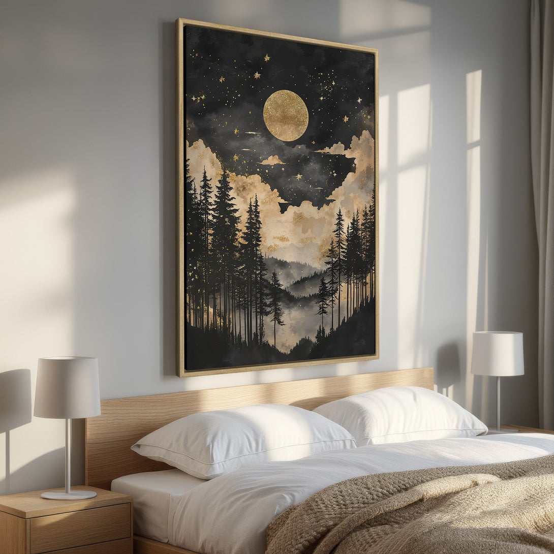 Framed Wall Art Canvas Print of a celestial forest scene. Black, gold, and beige color palette. Perfect for bedroom decor.