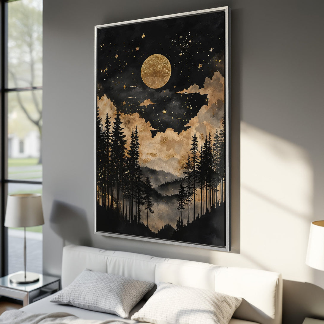 Framed Wall Art: Majestic moonlit forest scene in black, gold, and neutral tones. Perfect for adding a touch of elegance to your bedroom decor.
