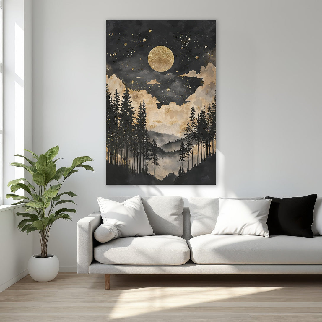 Framed Wall Art: Stunning night forest scene in black, gold, and beige tones. Elegant Canvas Print adds a touch of luxury to any interior. Shop now!