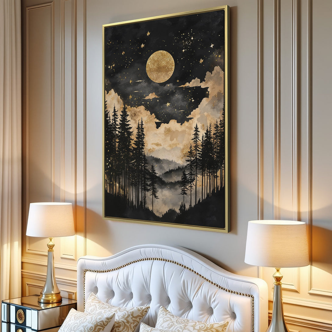 Canvas Print: Night forest scene with a golden moon, stars, and trees. Black, gold, and neutral color palette. Perfect wall art for any room.