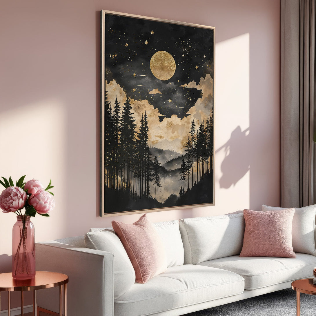 Framed Wall Art: Night sky landscape canvas print with gold accents. Black, gold, and neutral color palette. Perfect for modern home decor.