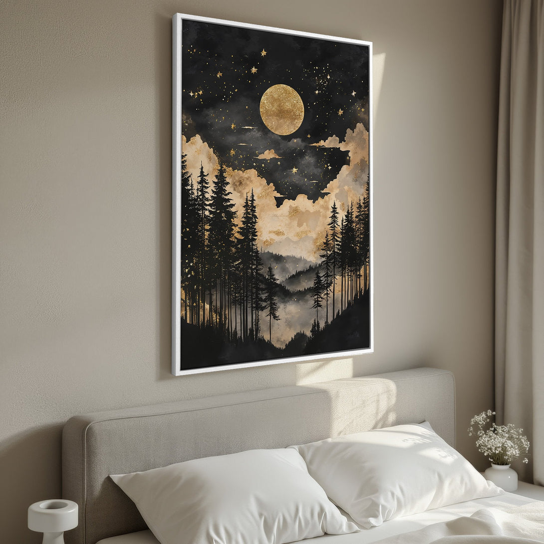 Framed Wall Art featuring a celestial forest scene in black, gold, and beige. Perfect for adding a touch of elegance to your bedroom decor.
