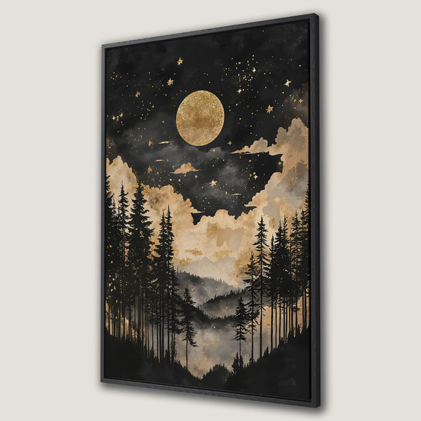 Framed Wall Art: Celestial forest scene in black, gold, and beige. Stunning canvas print with a moonlit landscape, perfect for modern home decor.