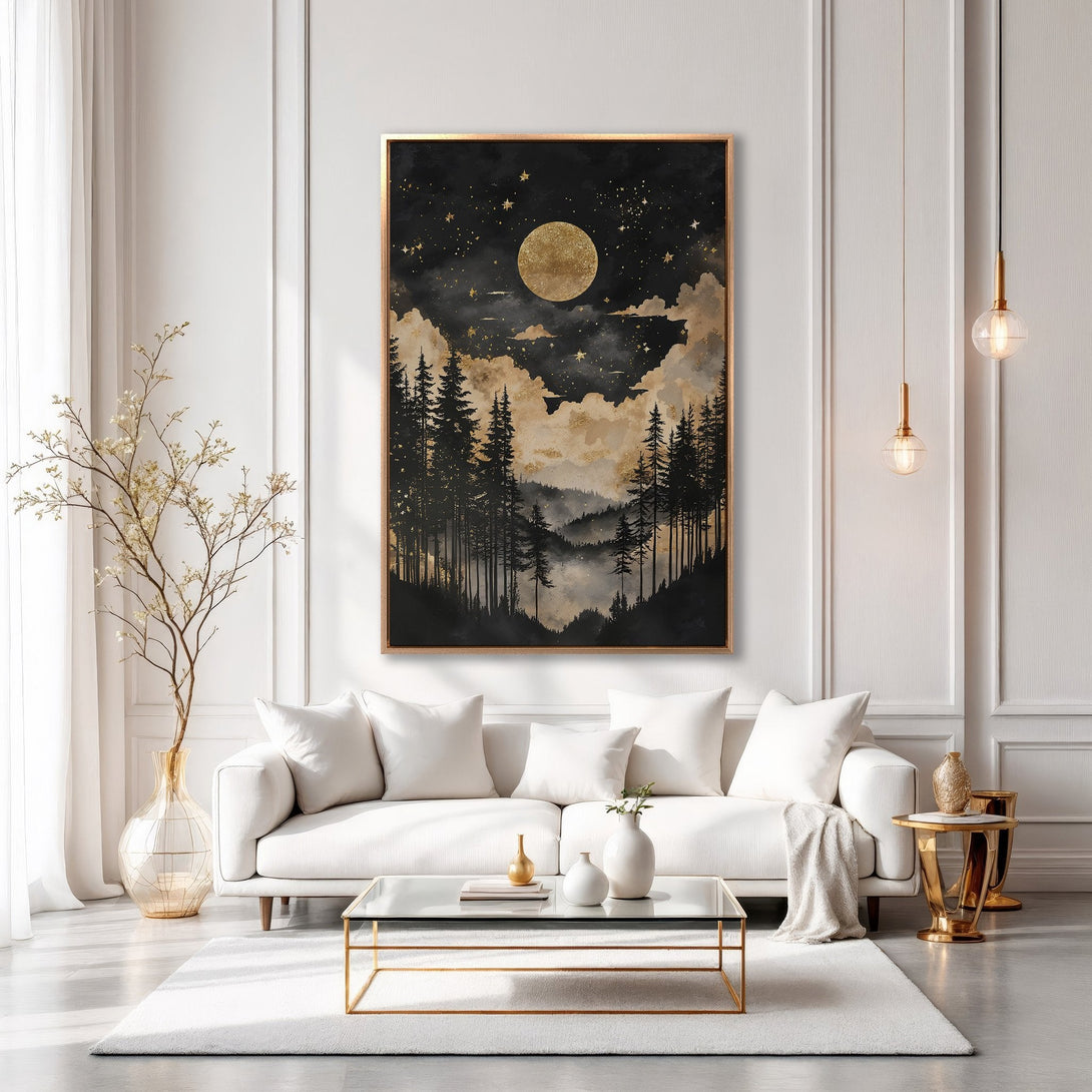 Framed Wall Art: Stunning moonlit forest landscape in black, gold, and neutral tones. Elevate your living room with this elegant canvas print.