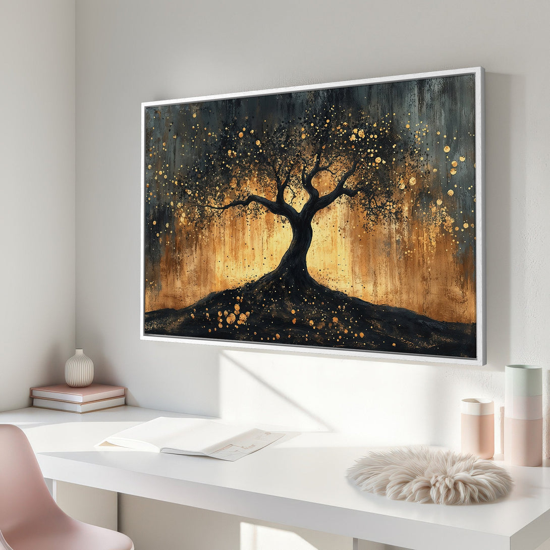 Framed Wall Art: Abstract tree art in gold and black. Modern canvas print with warm, earthy tones. Perfect for living room or bedroom decor.