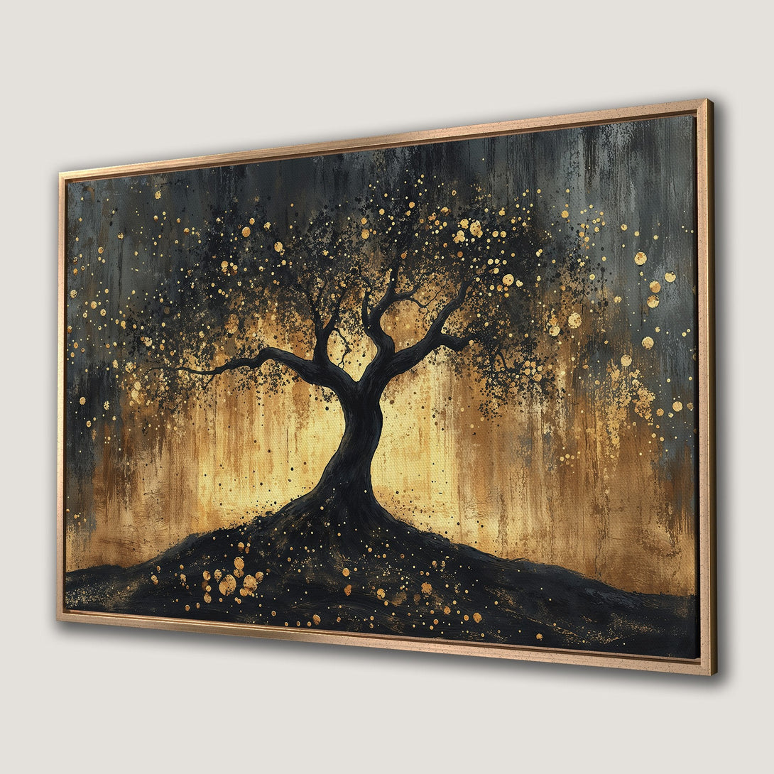 Framed Wall Art featuring an abstract tree painting in black and gold. Modern art canvas print perfect for adding elegance to your home decor.