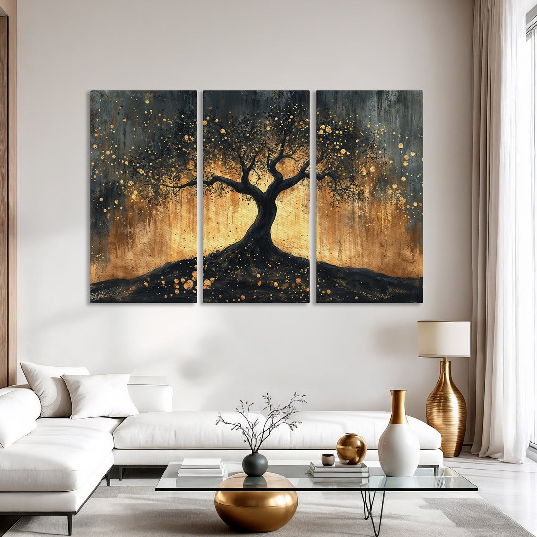 Abstract Canvas Print of a tree in gold and black, perfect for modern home decor. Enhance your space with this stunning wall art.