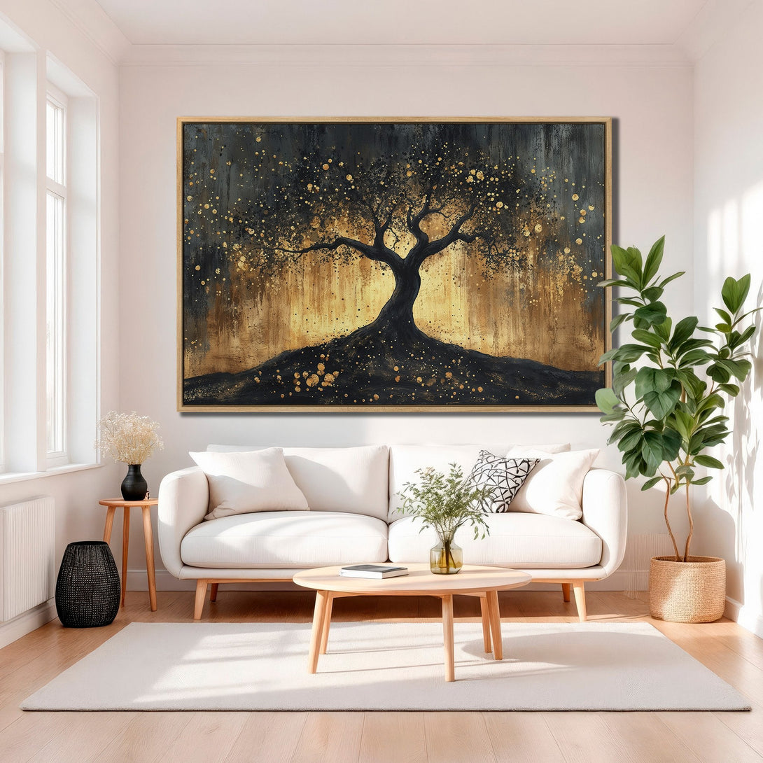 Framed Wall Art featuring an abstract tree in black and gold tones. Modern art canvas print perfect for living room decor.