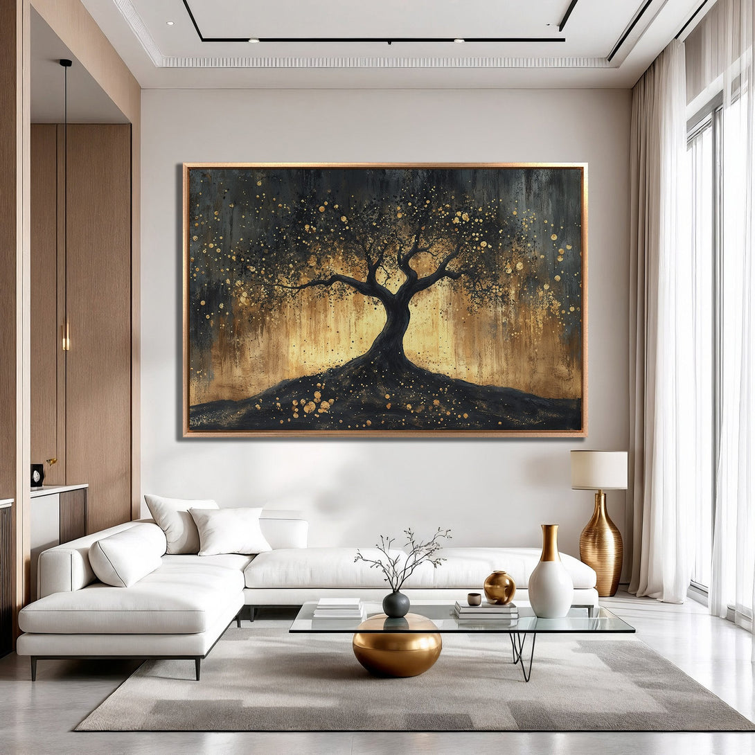 Framed Wall Art: Abstract tree art in black and gold. Modern style canvas print, perfect for living room decor. Adds a touch of elegance.