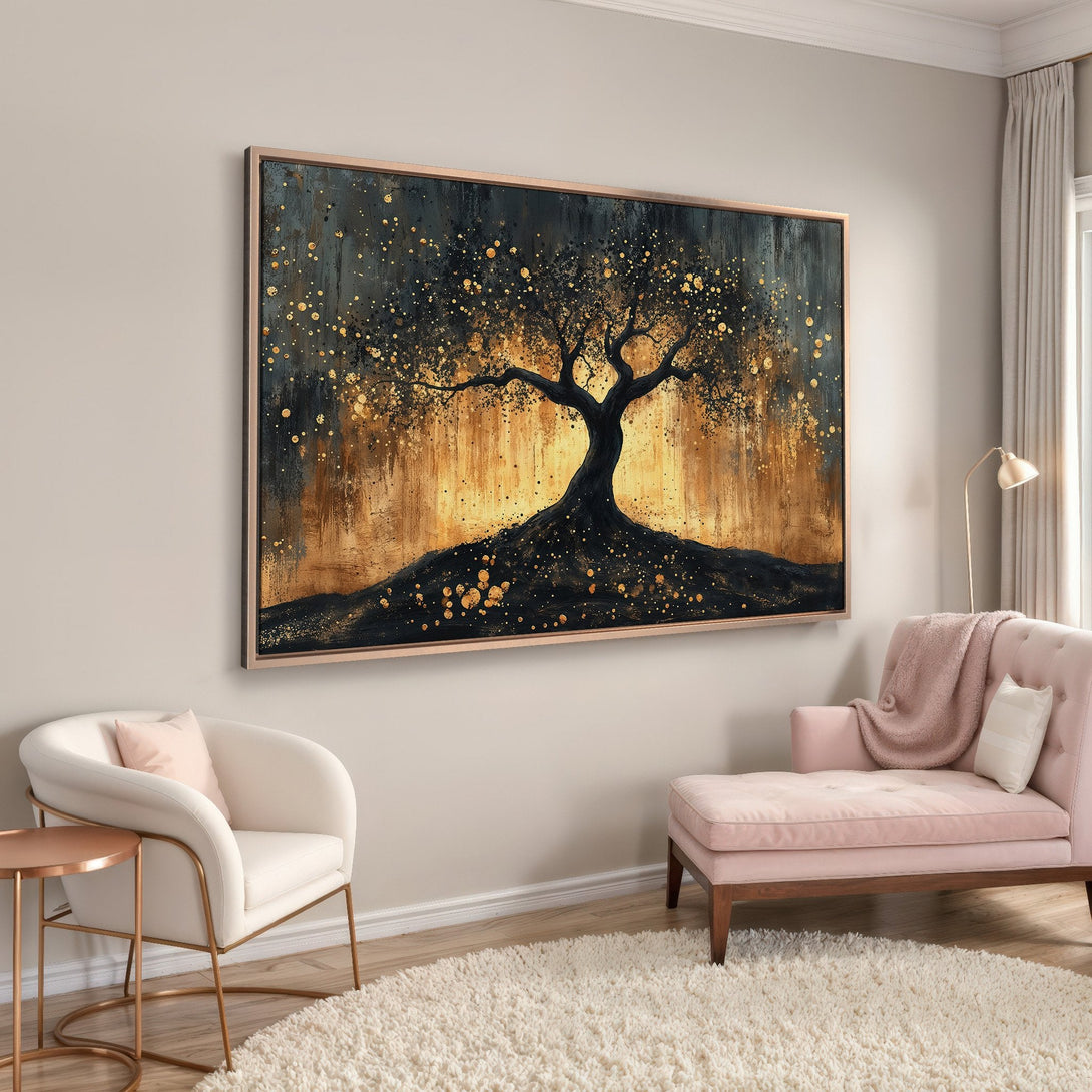 Framed Wall Art: Abstract tree painting in gold and black, a stunning canvas print for modern home decor.
