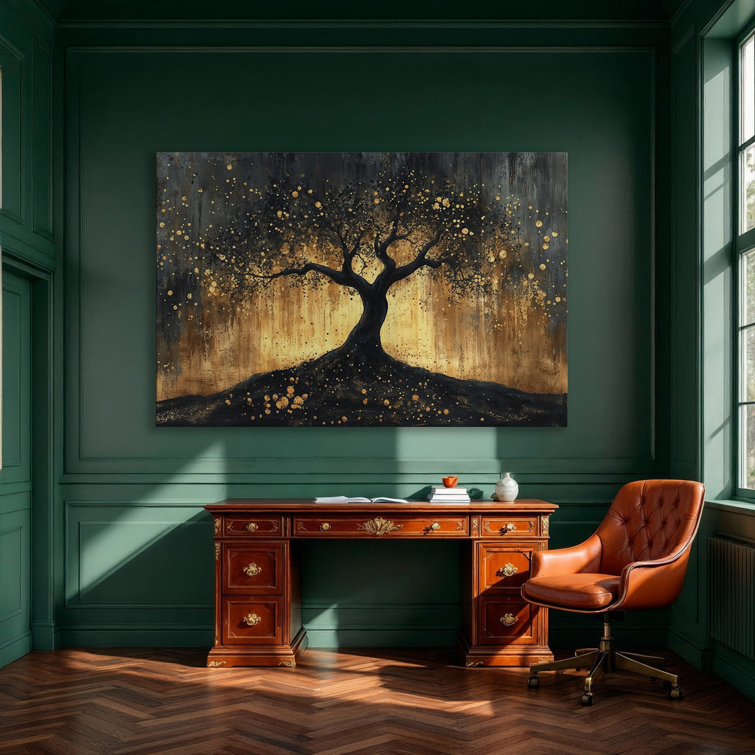 Framed Wall Art: Abstract tree art in gold and black, perfect for dining room decor. Modern, elegant canvas print.