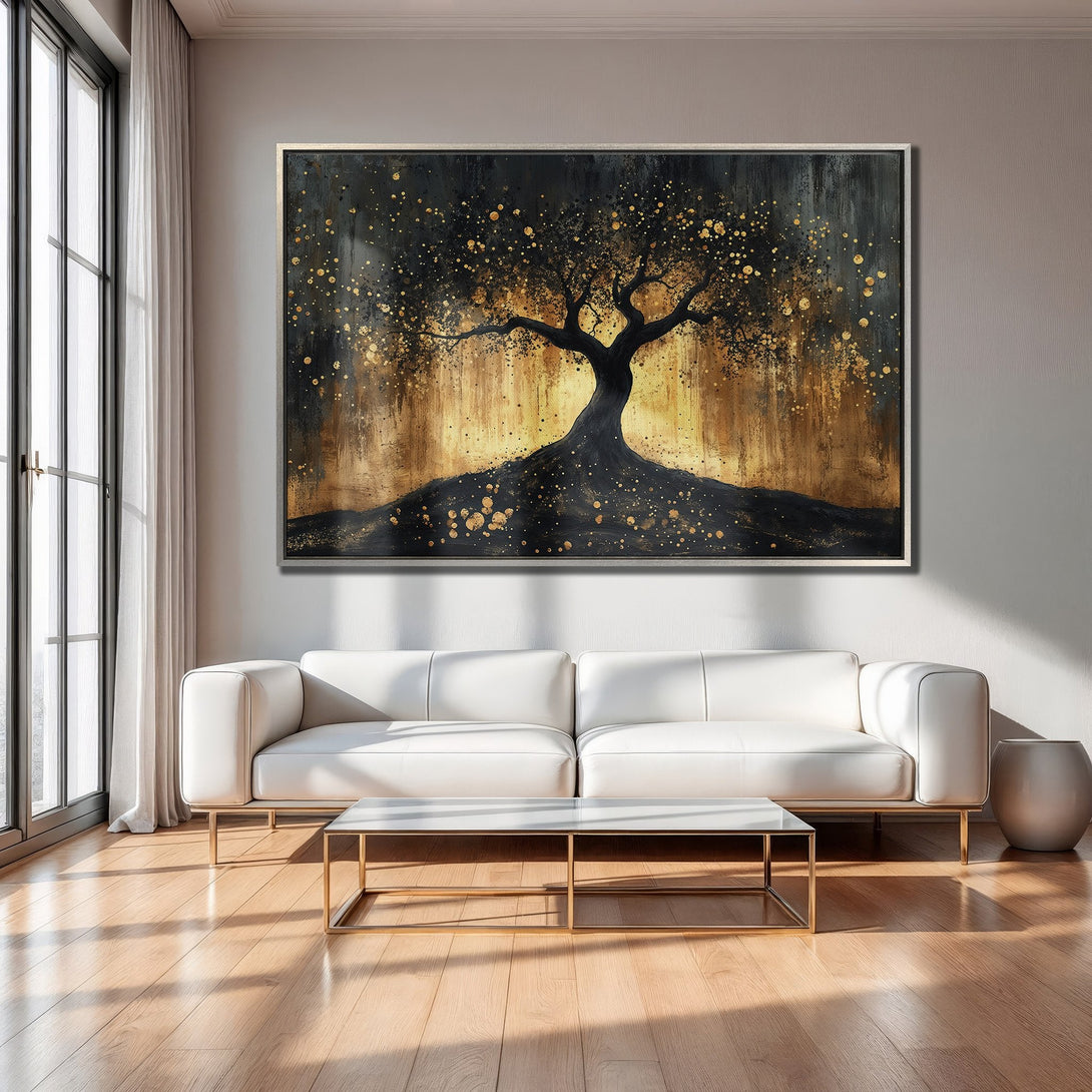 Framed Wall Art of a tree in gold and black abstract style, perfect for modern living rooms. Adds elegance & sophistication to any space.