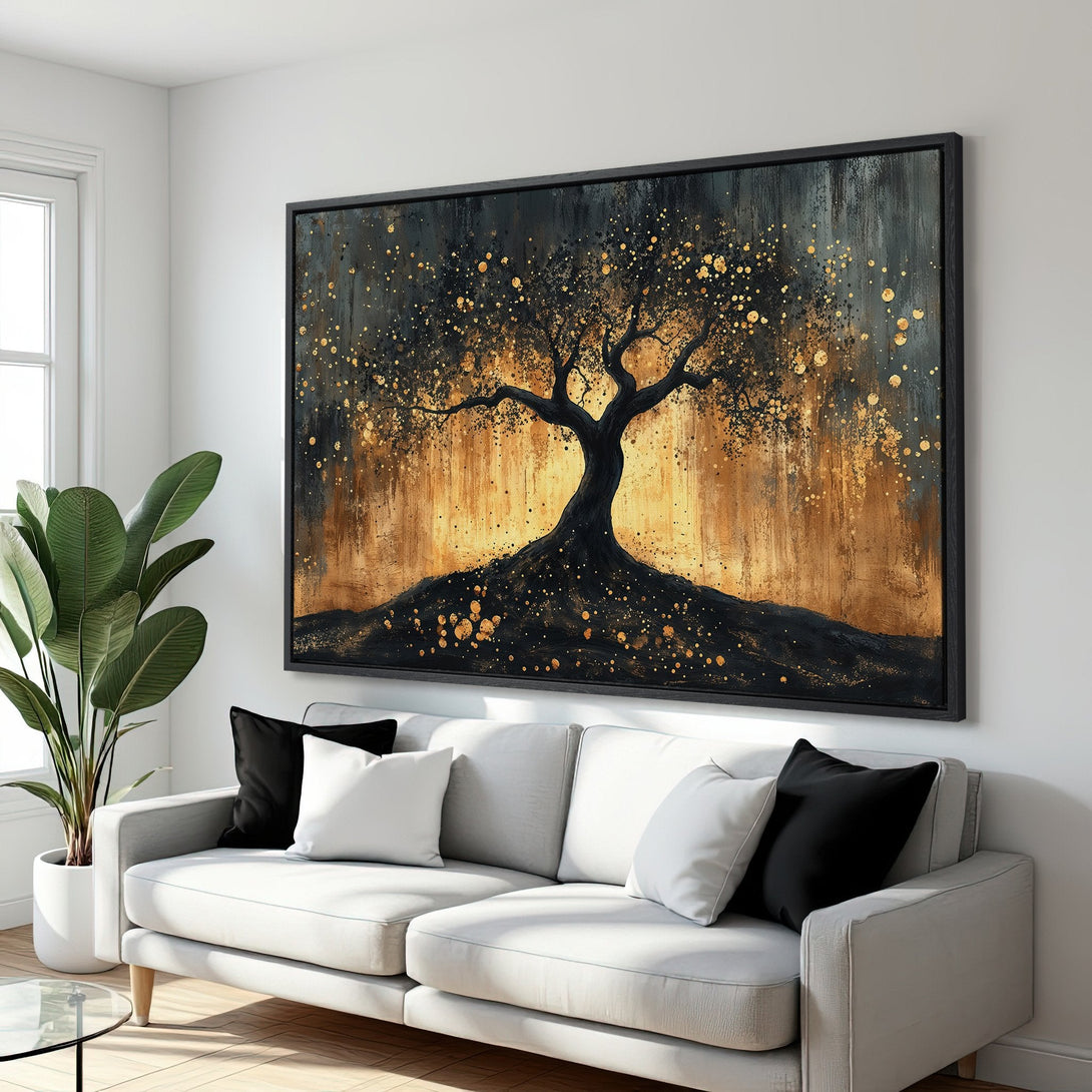 Framed Wall Art: Abstract tree painting in black and gold. Modern art canvas print adds elegance to any interior. Luxurious decor.
