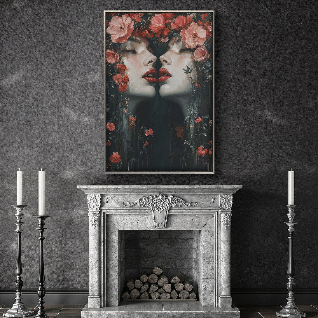 Framed Wall Art: Romantic floral portrait canvas print in moody tones. Dark red and blue flowers frame two faces with dark lipstick. Perfect wall decor.
