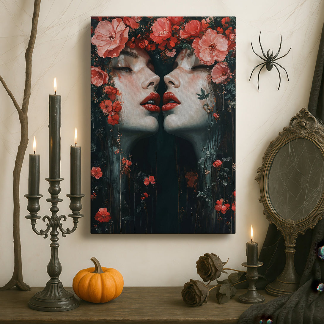 Framed Wall Art featuring a surreal floral portrait in moody dark tones. Adds a touch of gothic elegance to any interior space.