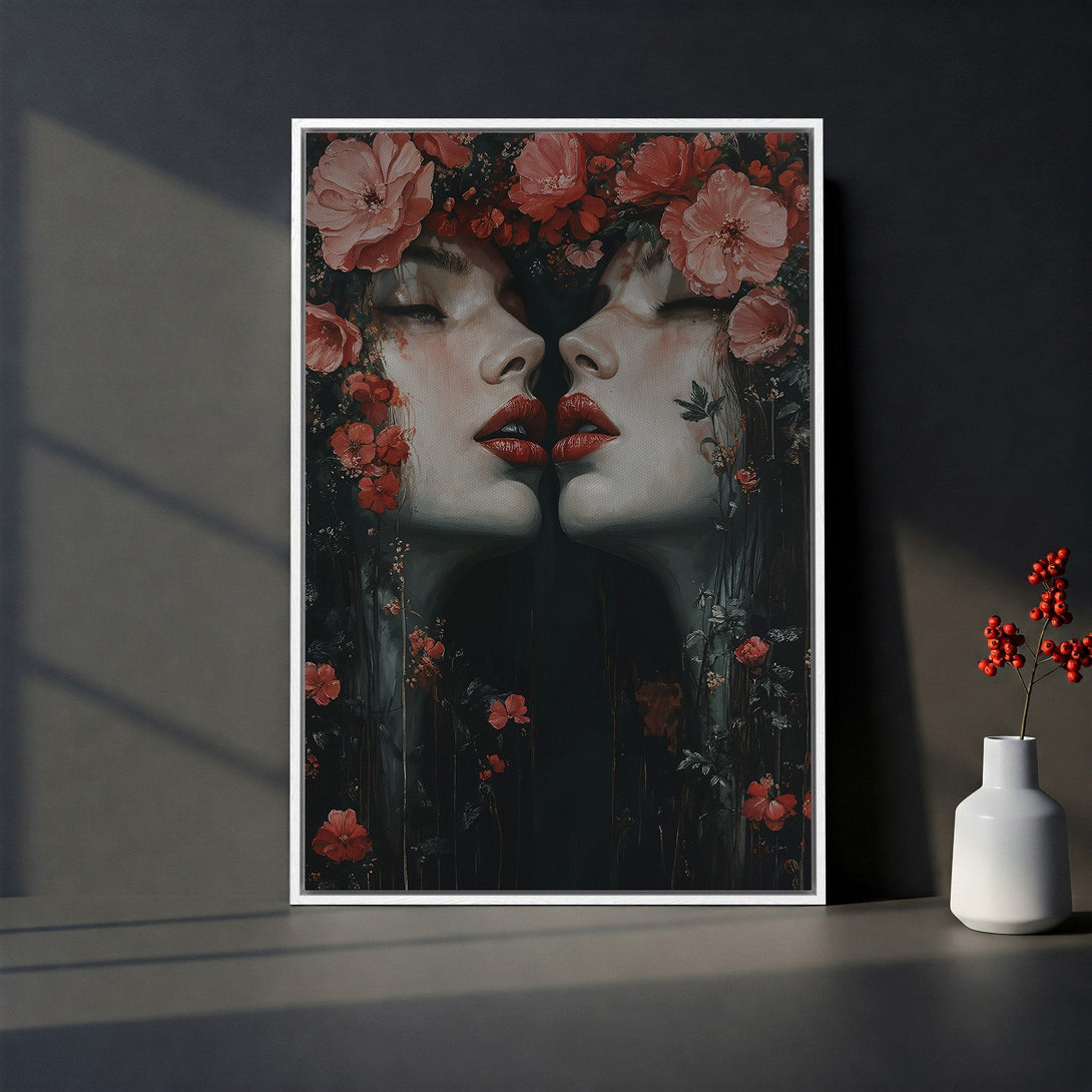 Framed Wall Art featuring two faces kissing, surrounded by dark floral elements. Moody, romantic art with a dark, rich color palette. Perfect for home decor.