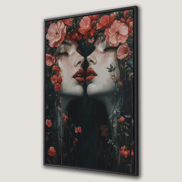 Framed Wall Art featuring a romantic portrait of two women with floral accents, dark and moody color palette. Perfect statement piece for your home!
