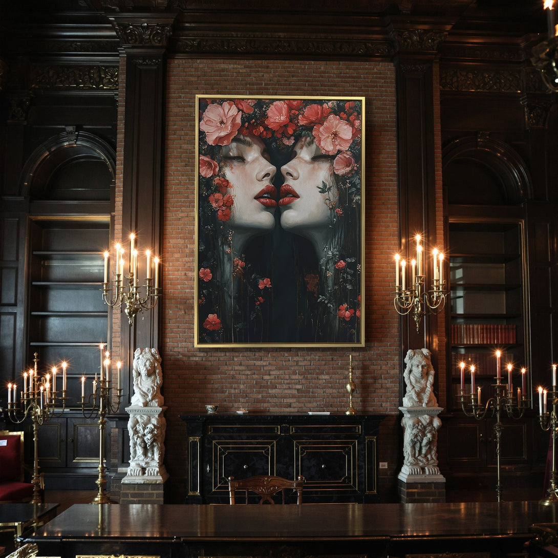 Canvas Print of two faces with floral elements, dark moody palette. Perfect for Halloween decor!