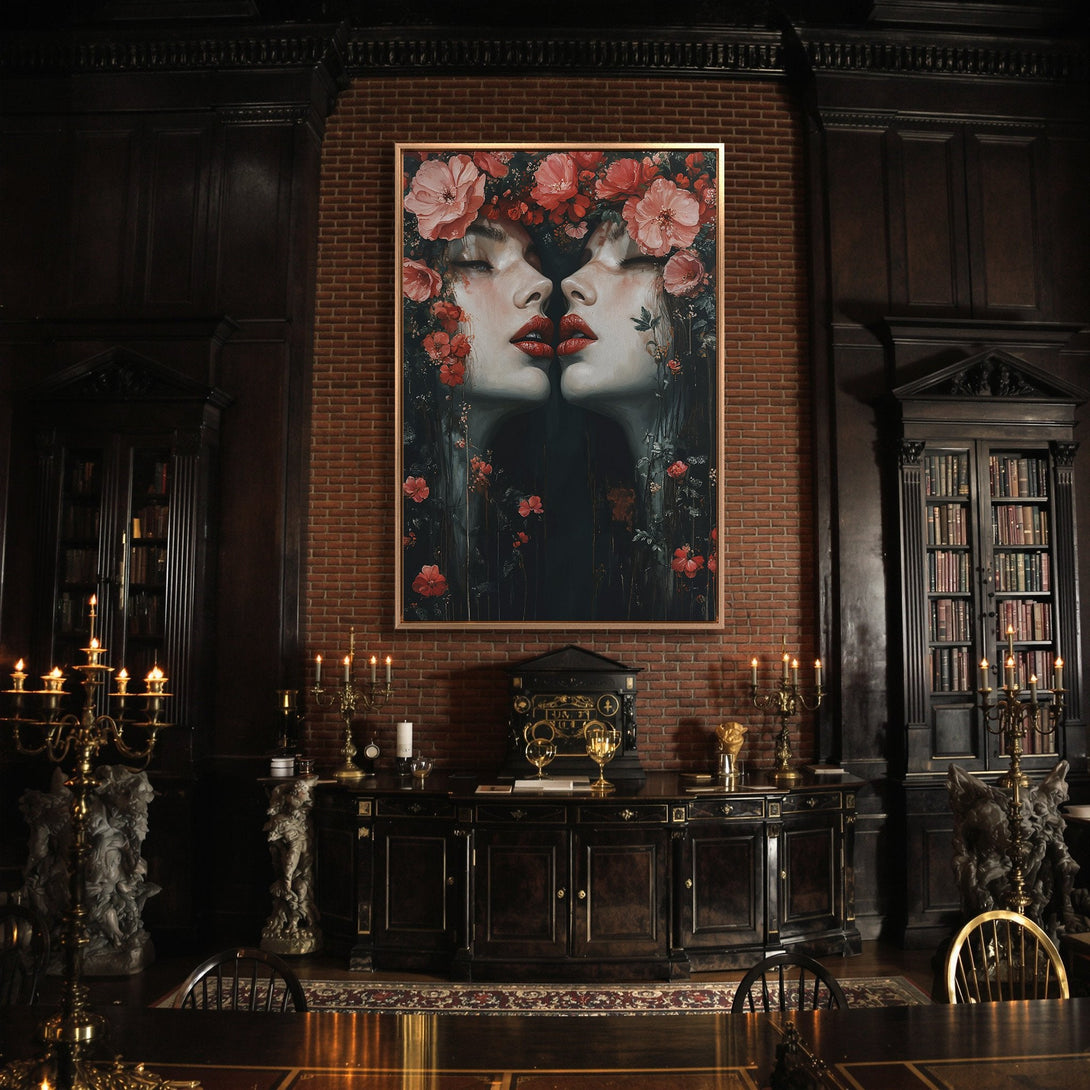 Framed Wall Art: Dramatic floral kiss portrait in a dark, moody interior. Rich, dark color palette with hints of red and white. Add a touch of elegance!