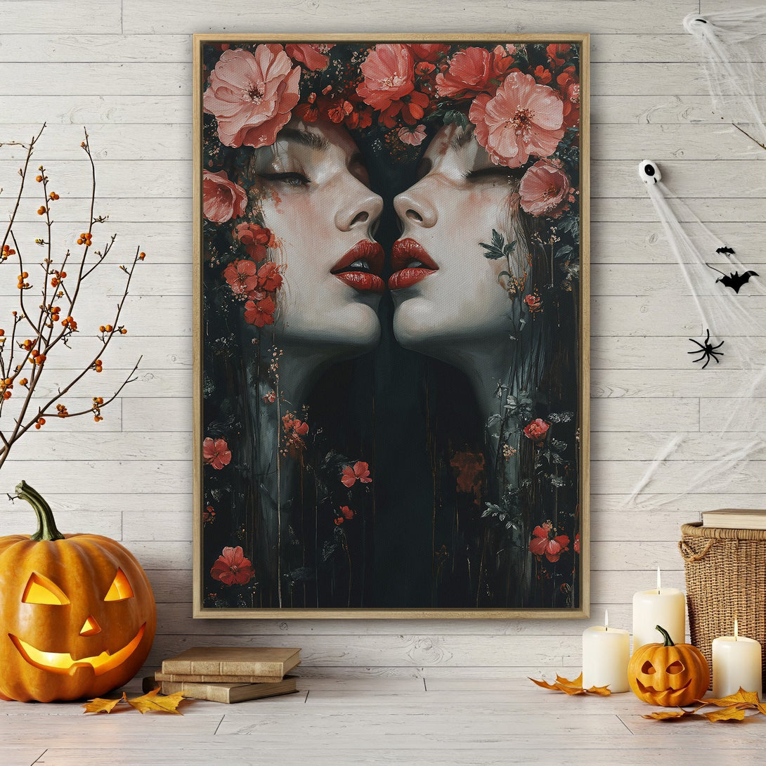 Framed Wall Art: Dark floral portrait with deep red and black lips. Gothic style Canvas Print with a moody, dark color palette, perfect for Halloween decor.