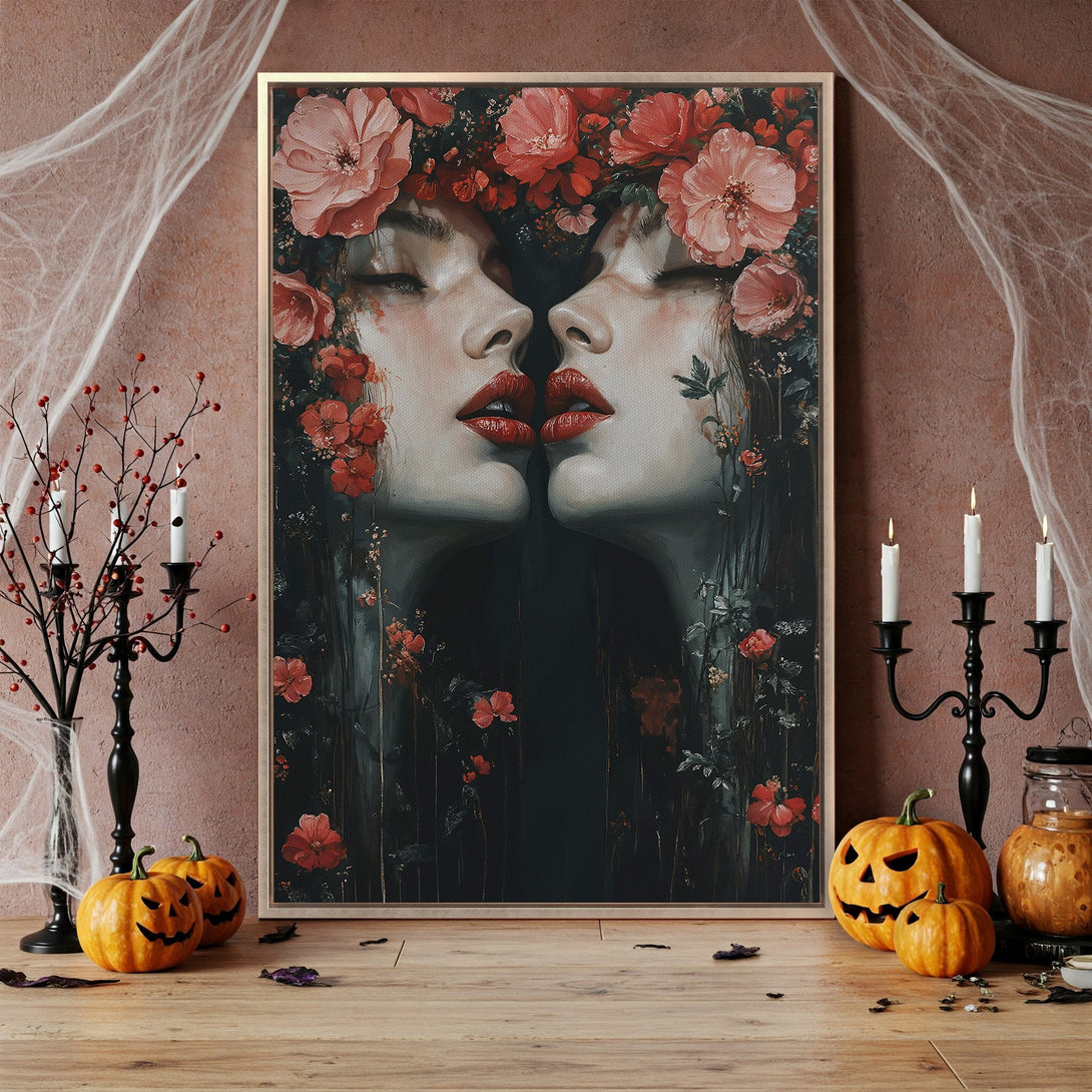 Framed Wall Art: Eerie portrait of two faces kissing, surrounded by flowers. Dark, moody color palette with red, black, and white accents. Perfect Halloween decor.