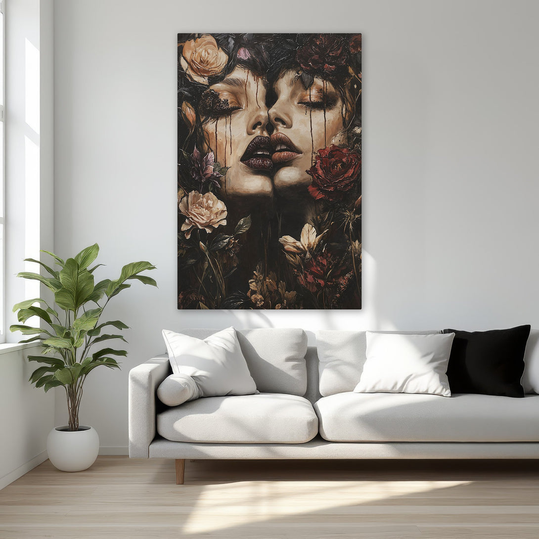 Framed Wall Art: Dramatic portrait of two faces with floral elements, rich dark color palette. Perfect for bedroom decor. Shop now!