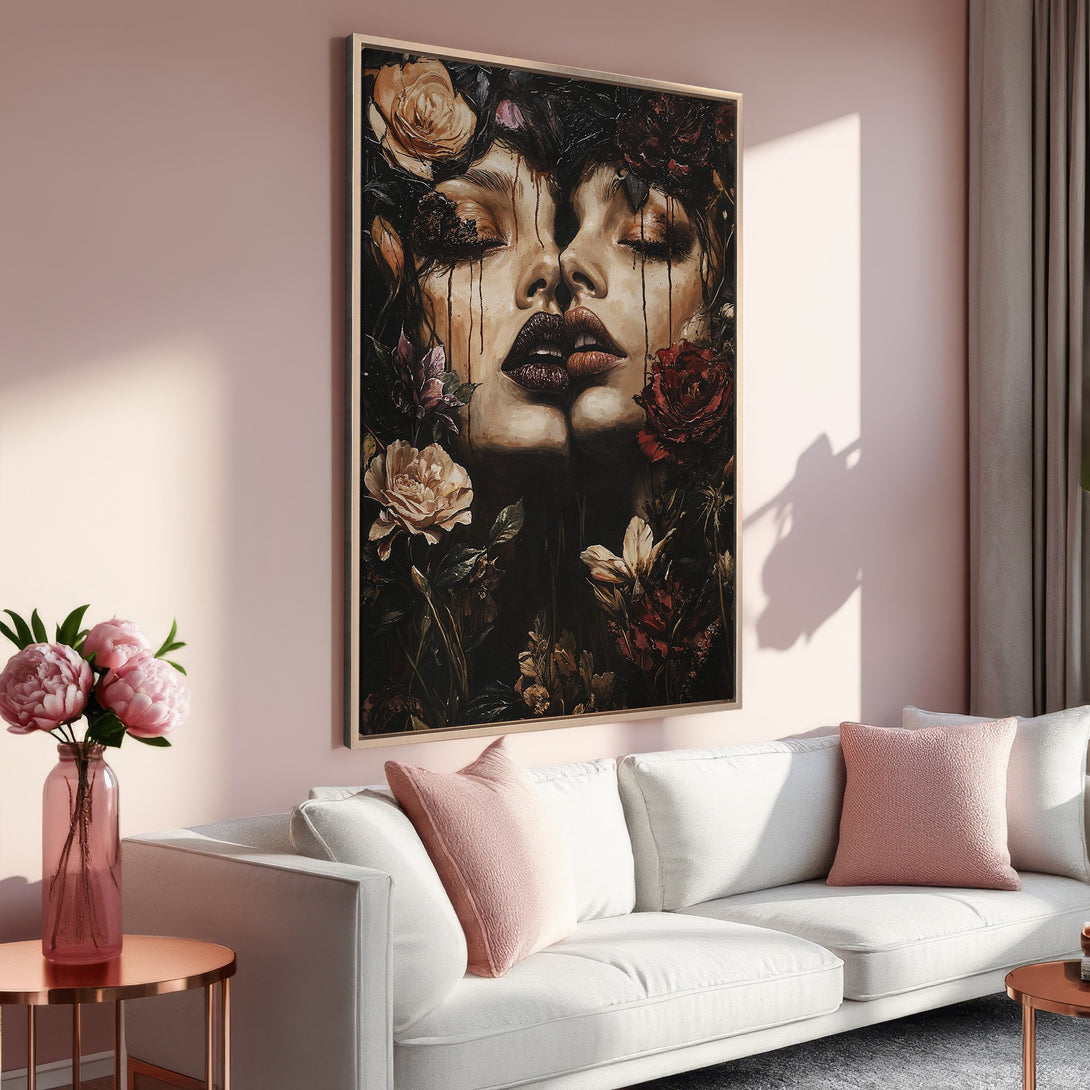 Framed Wall Art: Moody portrait of a woman with flowers, in a dark, romantic style. Featuring a warm, muted color palette, perfect for home decor.