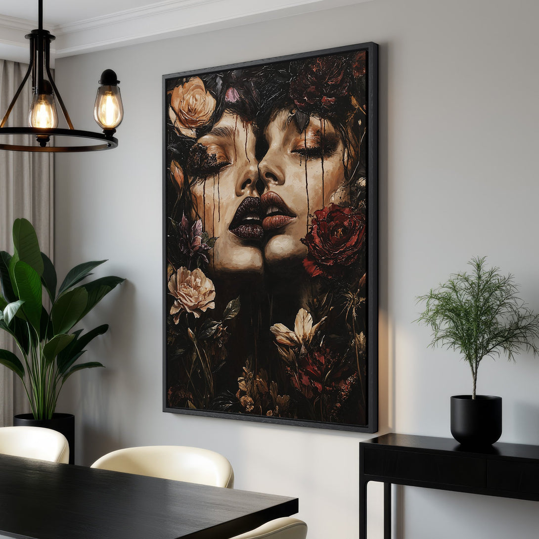 Framed Wall Art featuring a dark, romantic painting of two faces with flowers, in a moody, warm color palette. Perfect for adding artistic flair to your home!