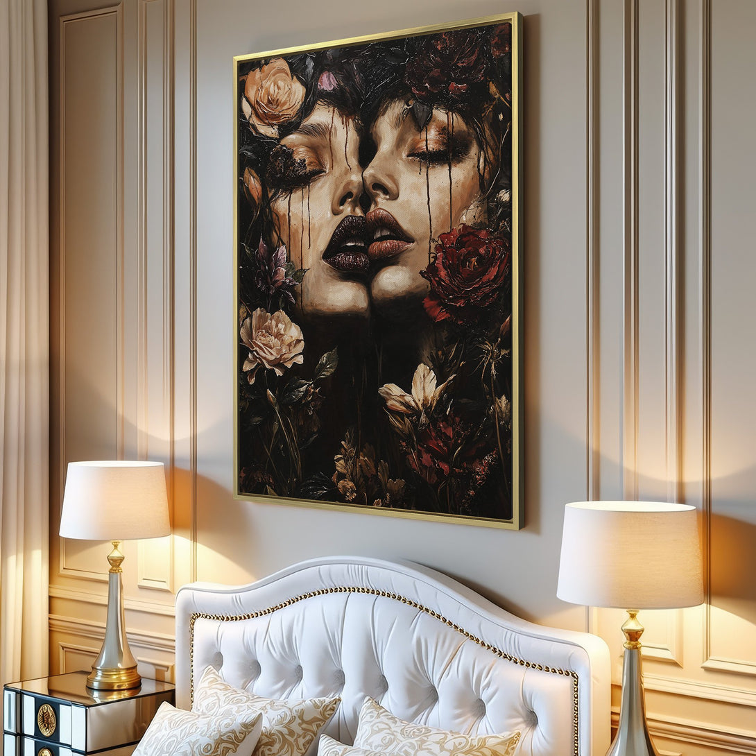 Canvas Print: Dramatic floral portrait with a dark, moody color palette. Perfect wall art for a modern living room.