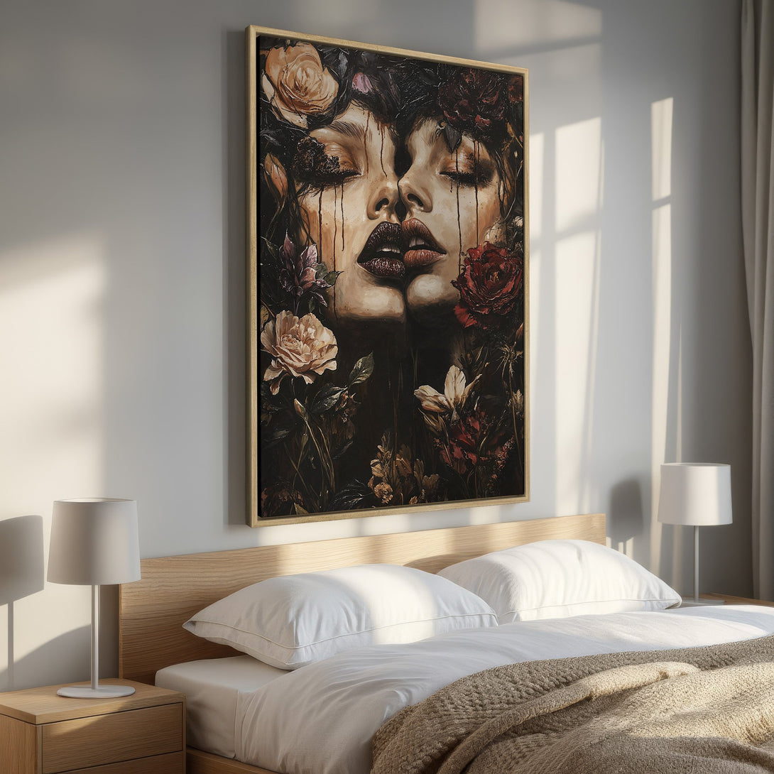 Framed Wall Art: Moody floral portrait in dark, earthy tones. Enhance your bedroom with this stunning canvas print!