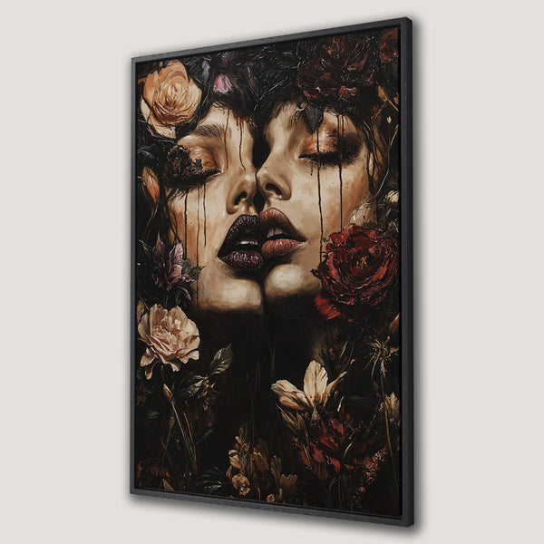 Framed Wall Art: Ethereal portrait of two faces intertwined with roses, in a moody, dark color palette. Perfect for adding a touch of art to your home.