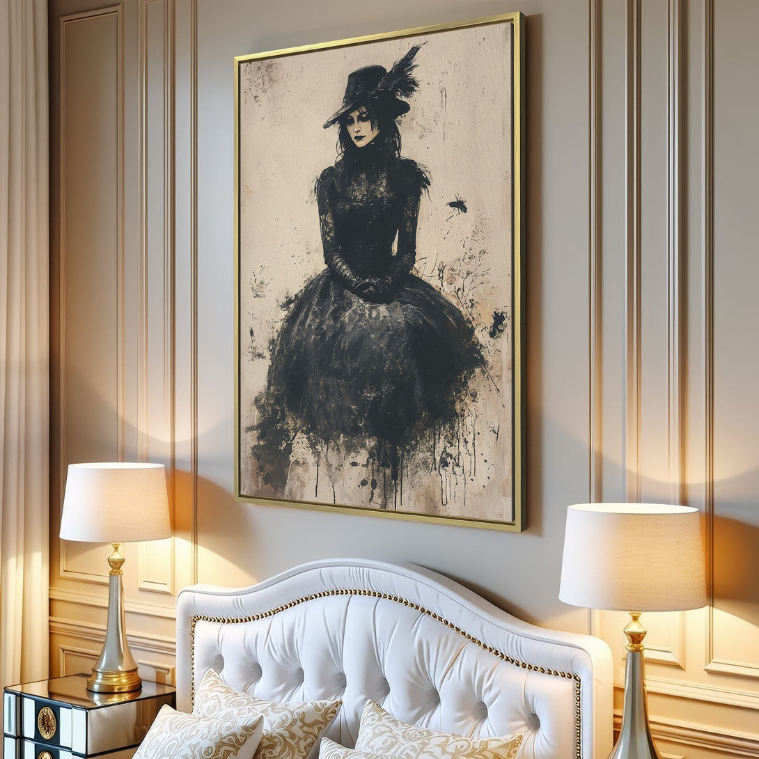 Canvas Print: Raven art on books, dark & moody palette. Gothic wall decor, perfect for Halloween. Add a touch of mystery to your home!