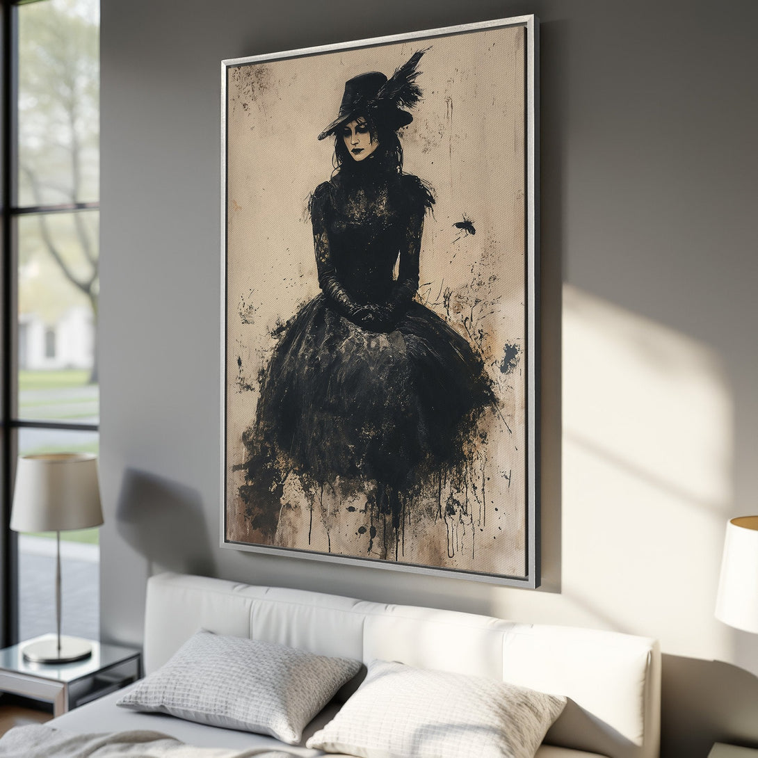 Framed Wall Art: Majestic raven perched on books, painted in a dark, moody style with a warm, earthy color palette. Perfect for a gothic interior.