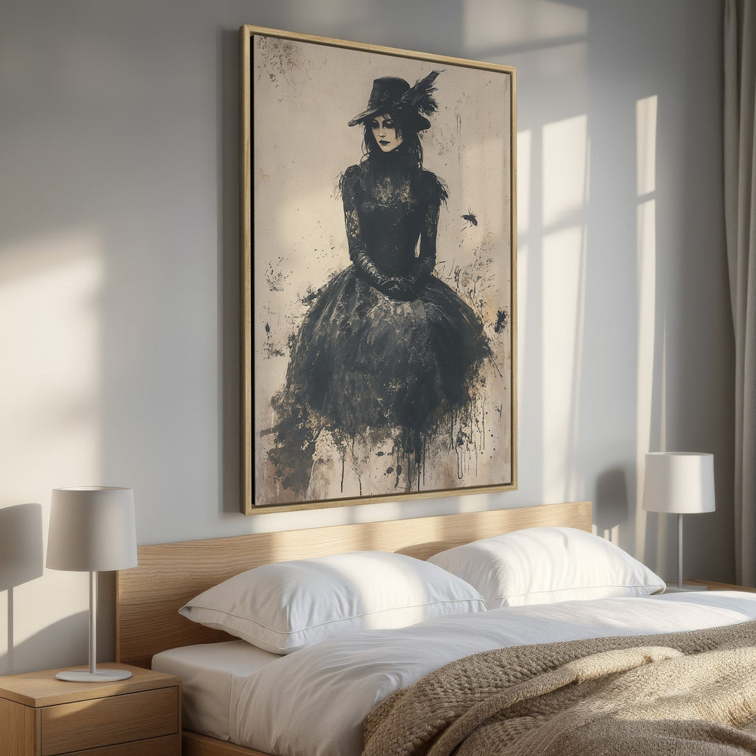 Framed Wall Art: Dark raven perched on books, dramatic abstract style, warm orange & black palette. Perfect Halloween decor!