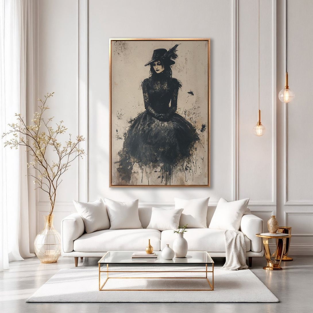 Framed Wall Art: Gothic raven painting in a dark, moody interior. Features a black crow on books with a warm, earthy color palette. Perfect for a dramatic touch.