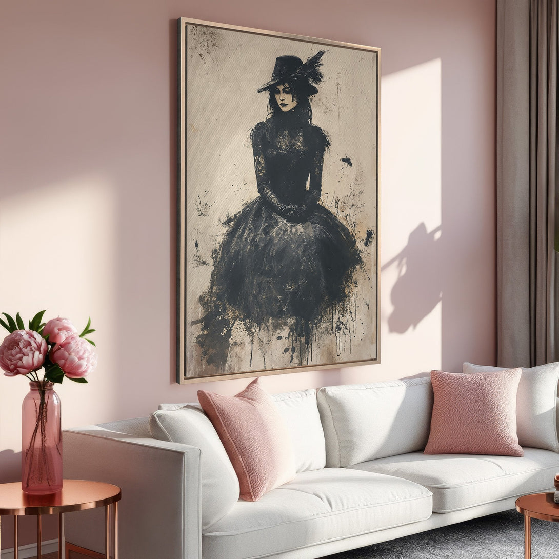 Framed Wall Art: Moody raven perched on books, abstract style, warm brown & black palette. Perfect Halloween decor!