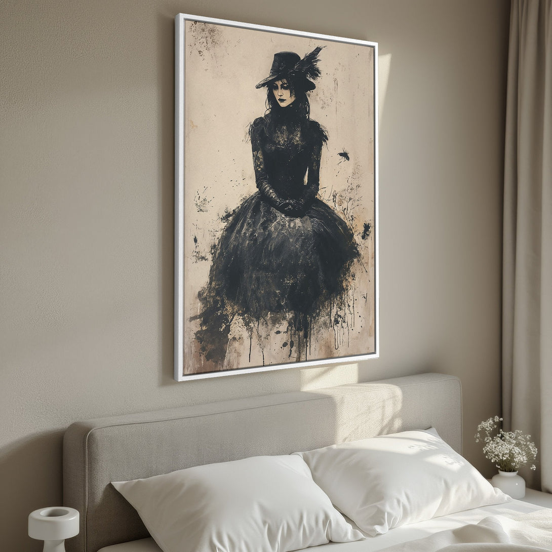 Framed Wall Art featuring a striking raven perched on books. Dark, moody painting with a warm, earthy color palette. Perfect for adding a touch of mystery.