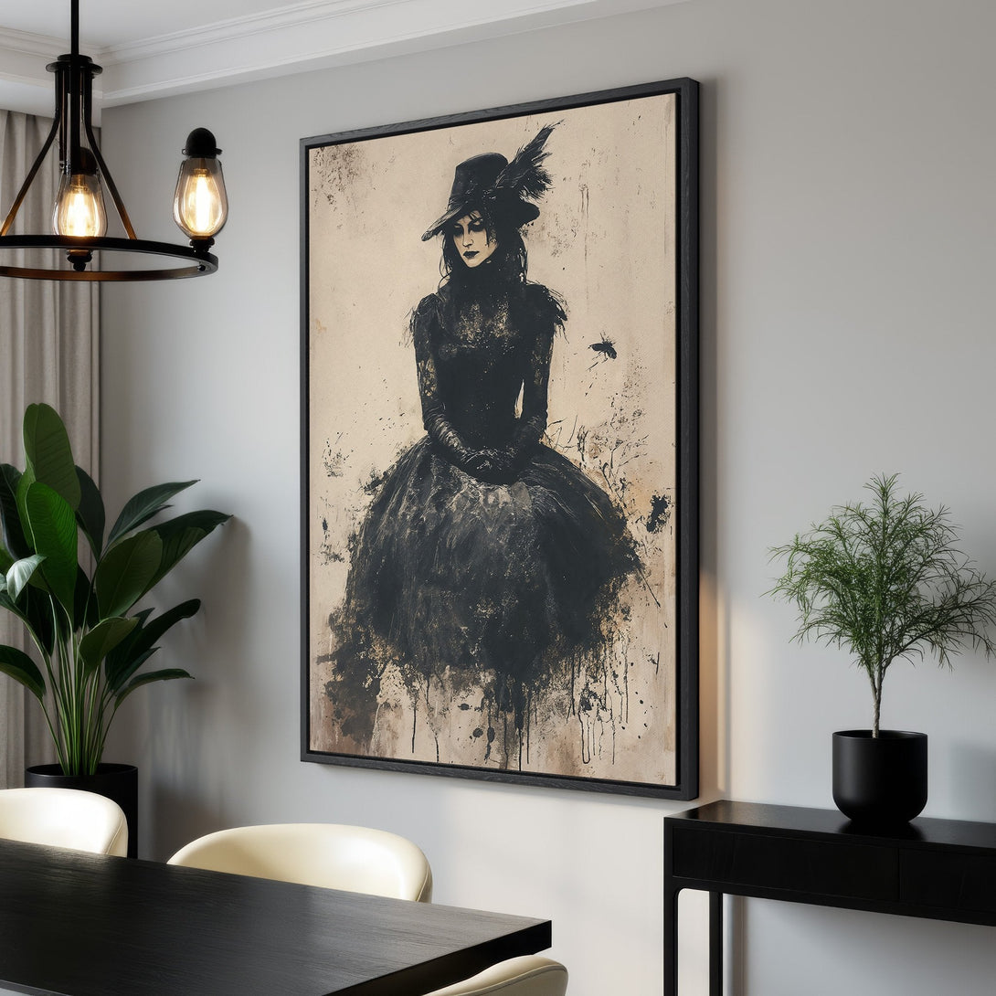 Framed Wall Art: Dramatic raven perched on books, abstract style, warm earth tones. Add a touch of gothic elegance to your space!