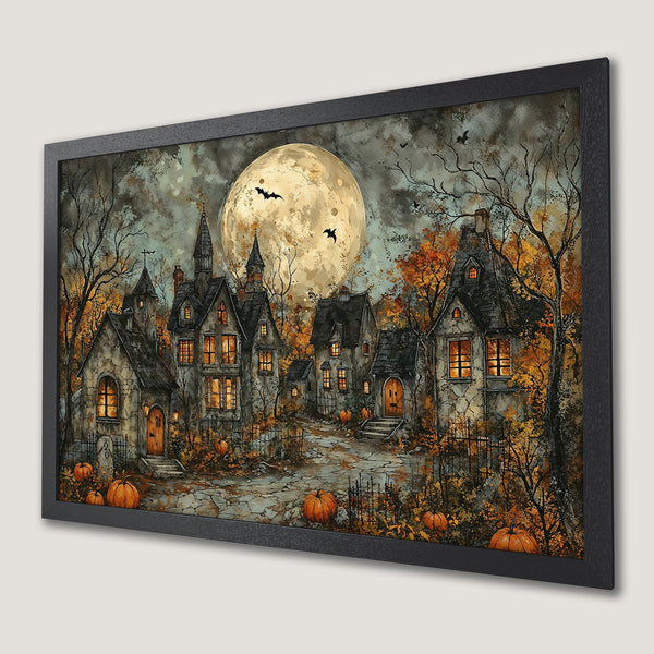 Framed Poster of a spooky Halloween town scene with a full moon, in a watercolor style with orange and gray tones.