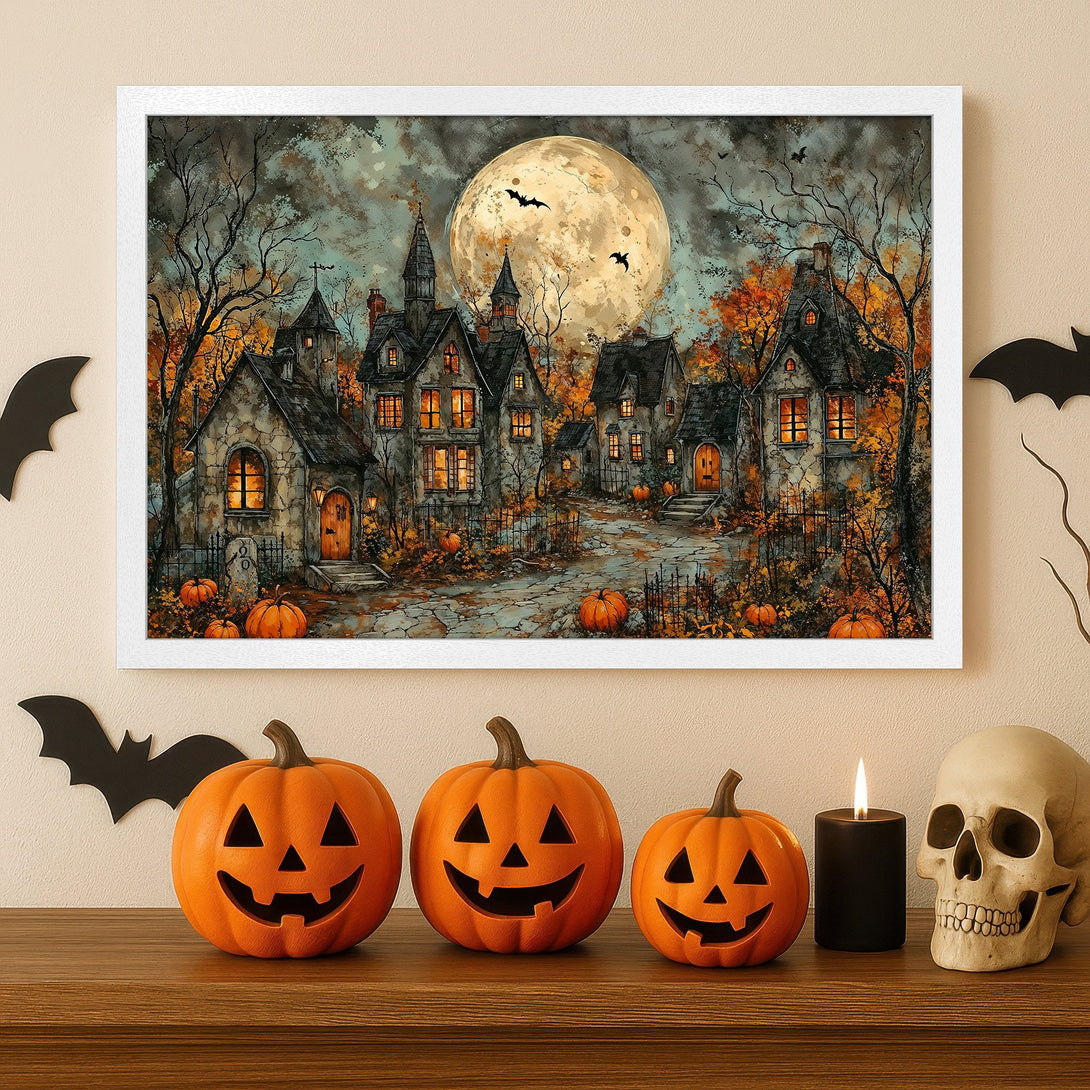Framed Poster featuring a spooky Halloween village scene with orange, gray, and black color palette. Perfect for fall decor!