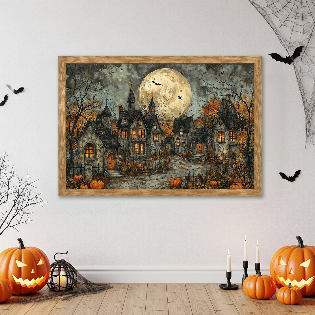 Framed Poster: Spooky Halloween town art print, warm color palette, perfect for fall decor. Add a touch of eerie charm to your space!
