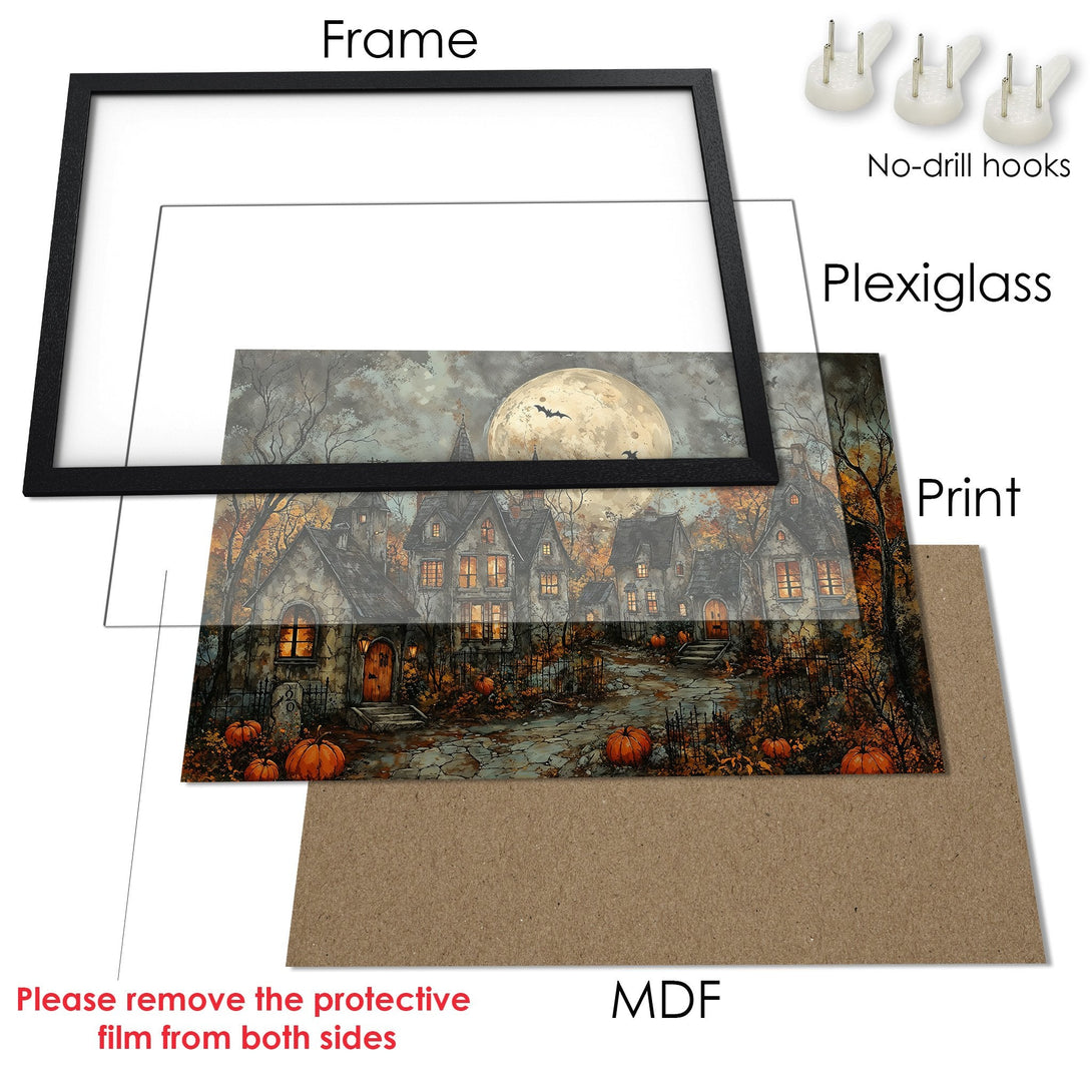 Framed Poster featuring a spooky Halloween scene in a watercolor style, with a warm, autumnal color palette. Perfect wall art!