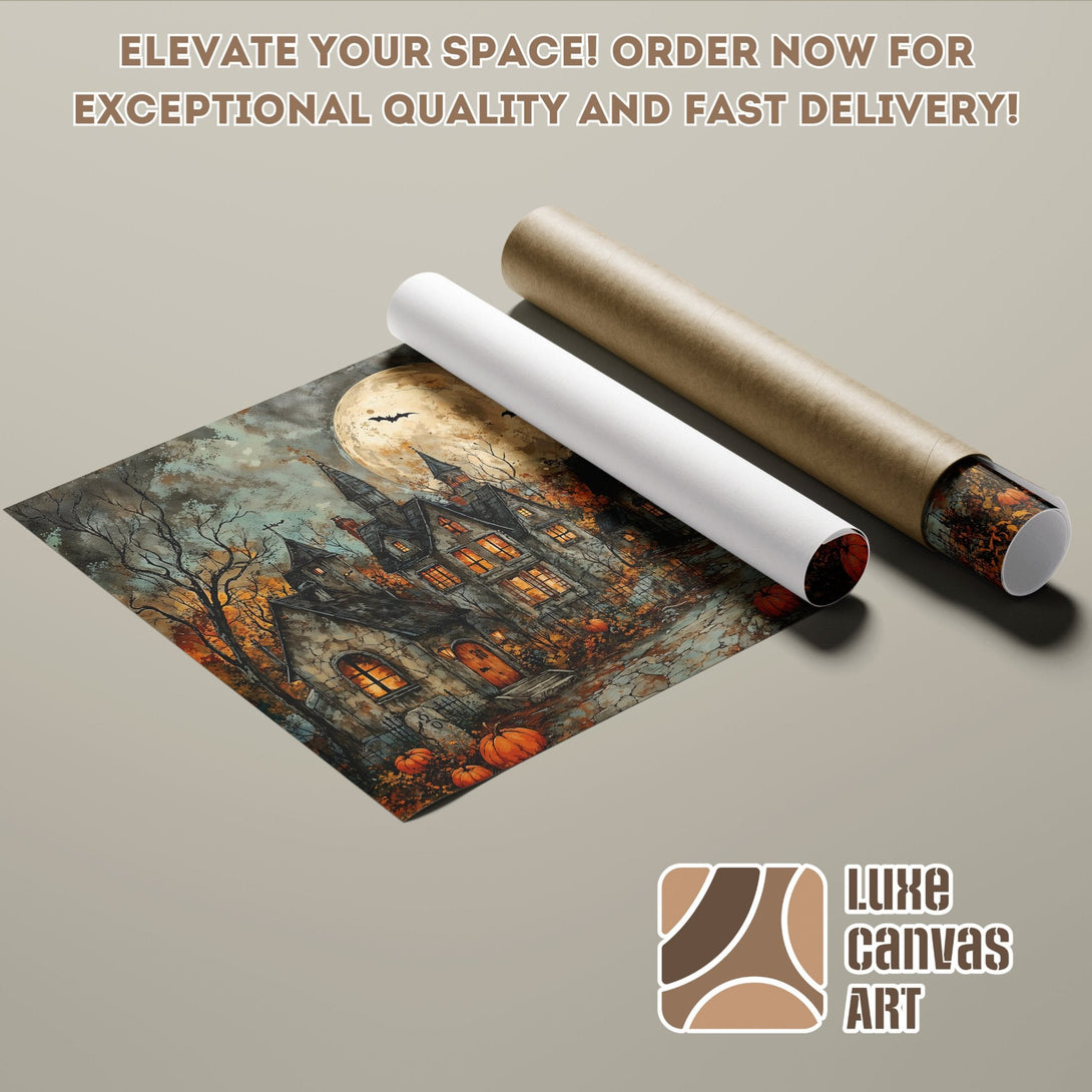 Poster Roll featuring a spooky Halloween scene in watercolor style with orange and gray tones.